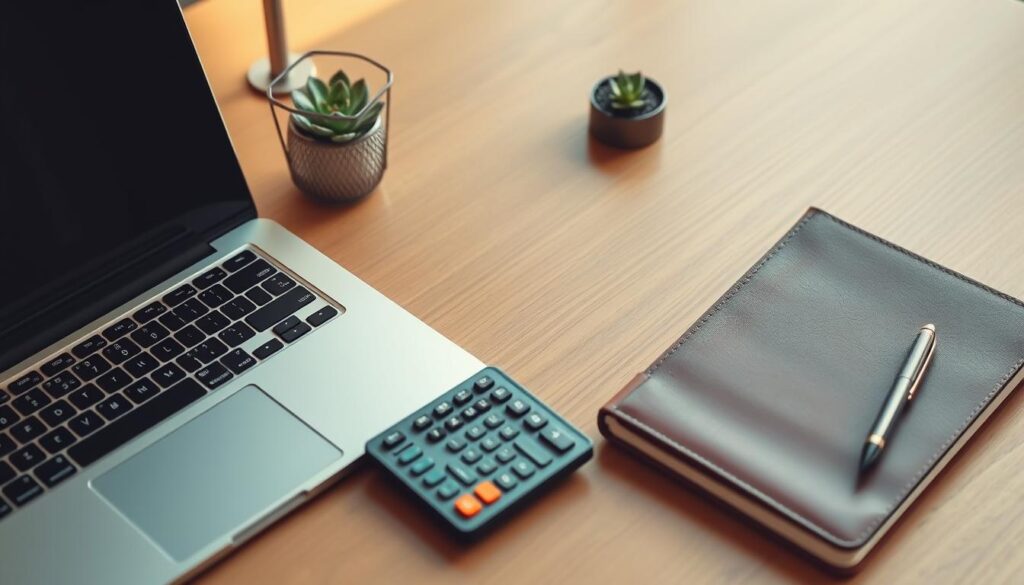 A sleek, minimalist desk setup with a laptop, a modern calculator, and a leather-bound notebook. A metal pen holder and a small succulent plant add a touch of sophistication. The scene is bathed in warm, directional lighting, creating a soft, inviting atmosphere. The overall composition emphasizes organization, efficiency, and a sense of control over personal finances during travel. The image conveys a professional, yet approachable aesthetic, perfectly suited for an article on effective budget management tools for travelers.