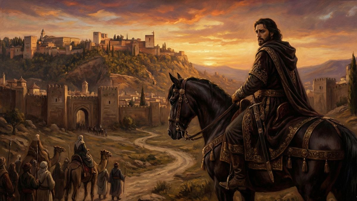 لوحة تعبيرية تجسد سقوط الأندلس وخروج آخر ملوك غرناطة أبو عبد الله الصغير