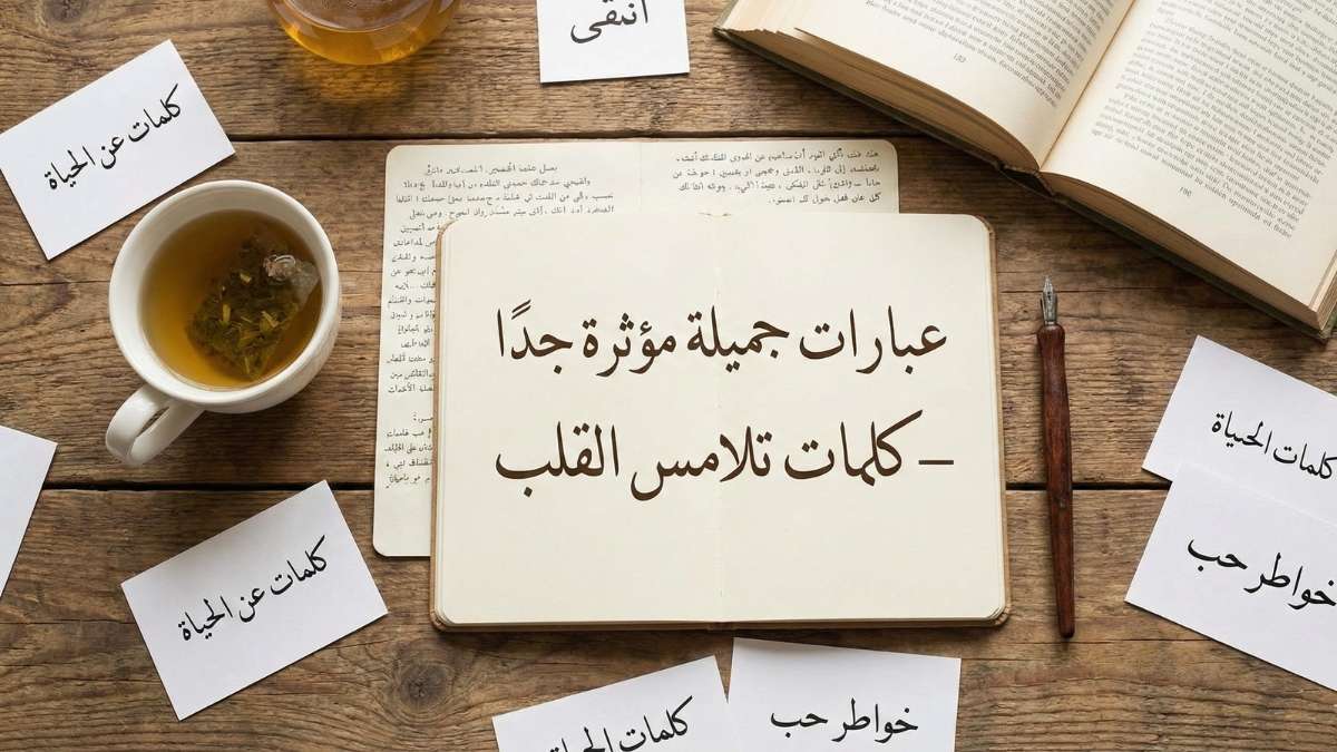 صورة علوية (Flat lay) لدفتر مفتوح مكتوب عليه بخط اليد العنوان الرئيسي للمقال "عبارات جميلة مؤثرة جدًا – كلمات تلامس القلب"، وحوله بطاقات صغيرة تحمل عبارات مثل "خواطر حب" و"كلمات عن الحياة" مع كوب شاي وقلم عتيق على طاولة خشبية.
