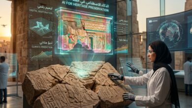 باحثة تستخدم شاشات هولوغرام وتقنيات الذكاء الاصطناعي في حفظ التراث وترميم الآثار التاريخية بدقة.