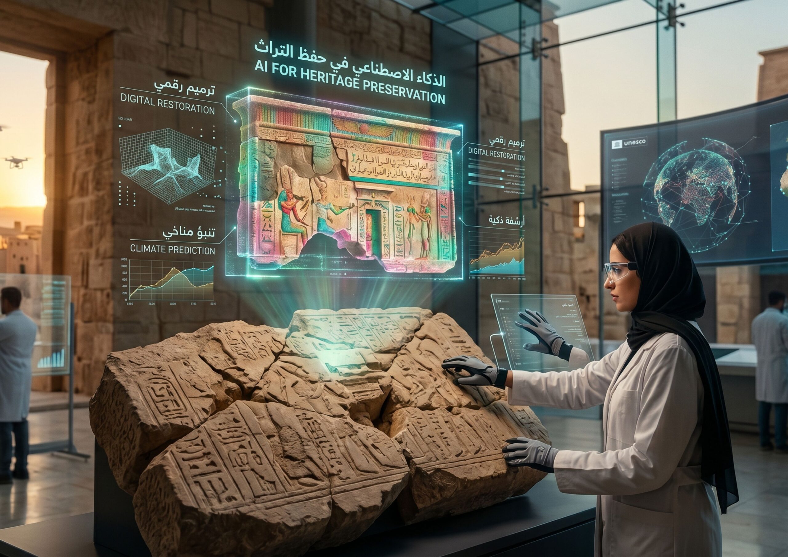 باحثة تستخدم شاشات هولوغرام وتقنيات الذكاء الاصطناعي في حفظ التراث وترميم الآثار التاريخية بدقة.