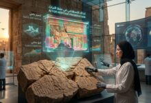 باحثة تستخدم شاشات هولوغرام وتقنيات الذكاء الاصطناعي في حفظ التراث وترميم الآثار التاريخية بدقة.