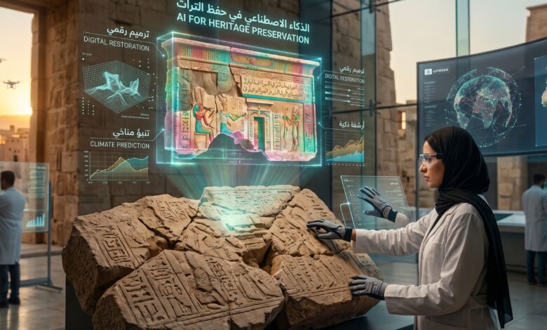 باحثة تستخدم شاشات هولوغرام وتقنيات الذكاء الاصطناعي في حفظ التراث وترميم الآثار التاريخية بدقة.