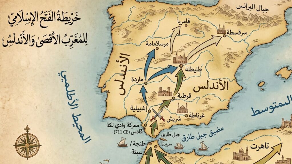 خريطة الفتح الإسلامي للمغرب وطريق طارق بن زياد إلى الأندلس