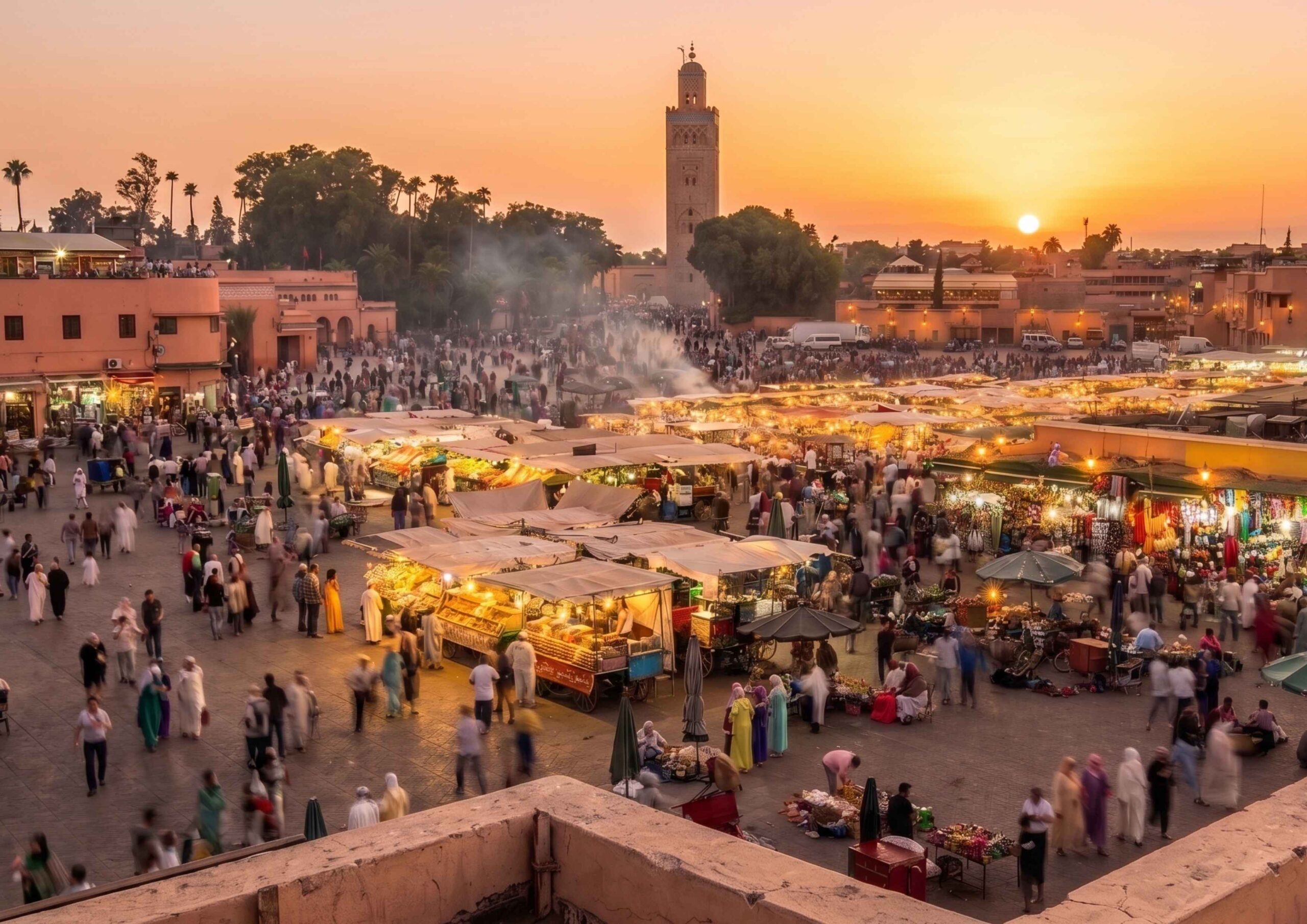 مشهد بانورامي لساحة جامع الفناء النابضة بالحياة في مراكش عند الغروب